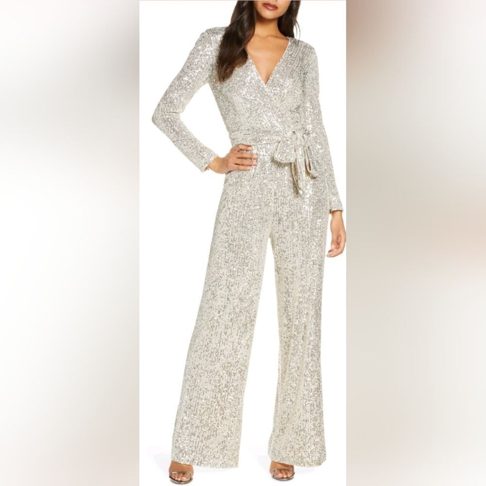 ELIZA J Sequin Wrap Front Long Sleeve Jumpsuit NWT Size 4 Silver